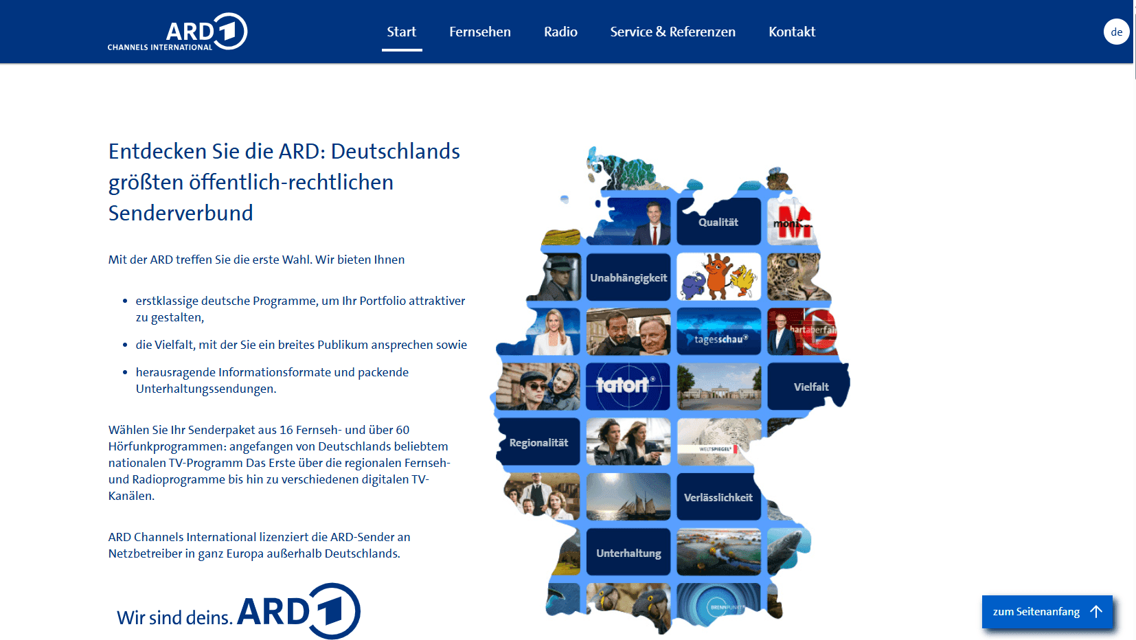 Die Startseite der Webseite der ARD Channels International wird dargestellt. 