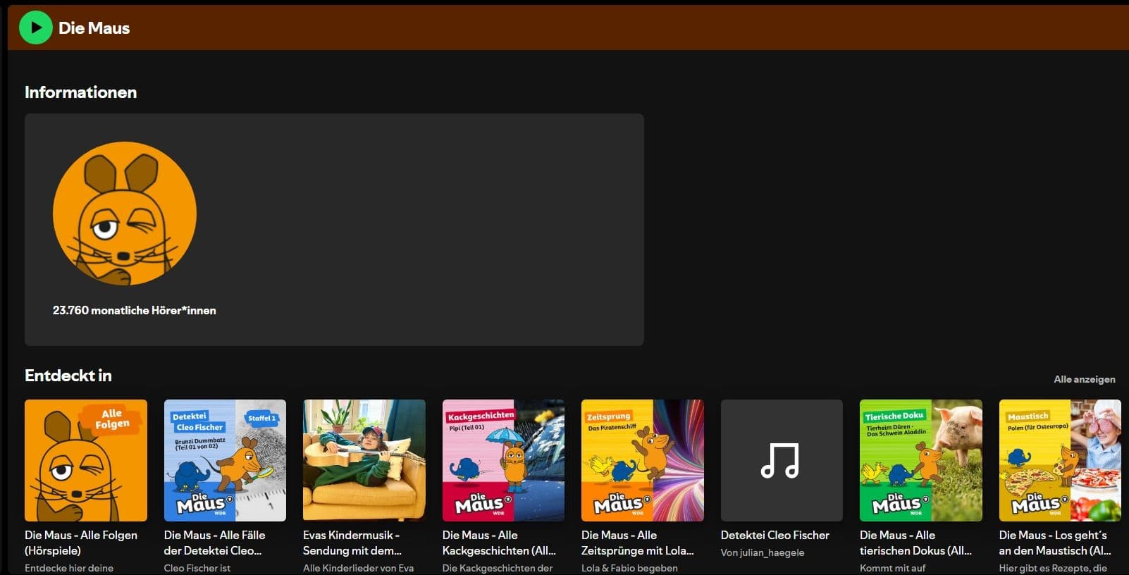 Screenshot des Kanals der Maus auf Spotify | Bildquelle: WDR mediagroup GmbH Screenshot des Kanals der Maus auf Spotify